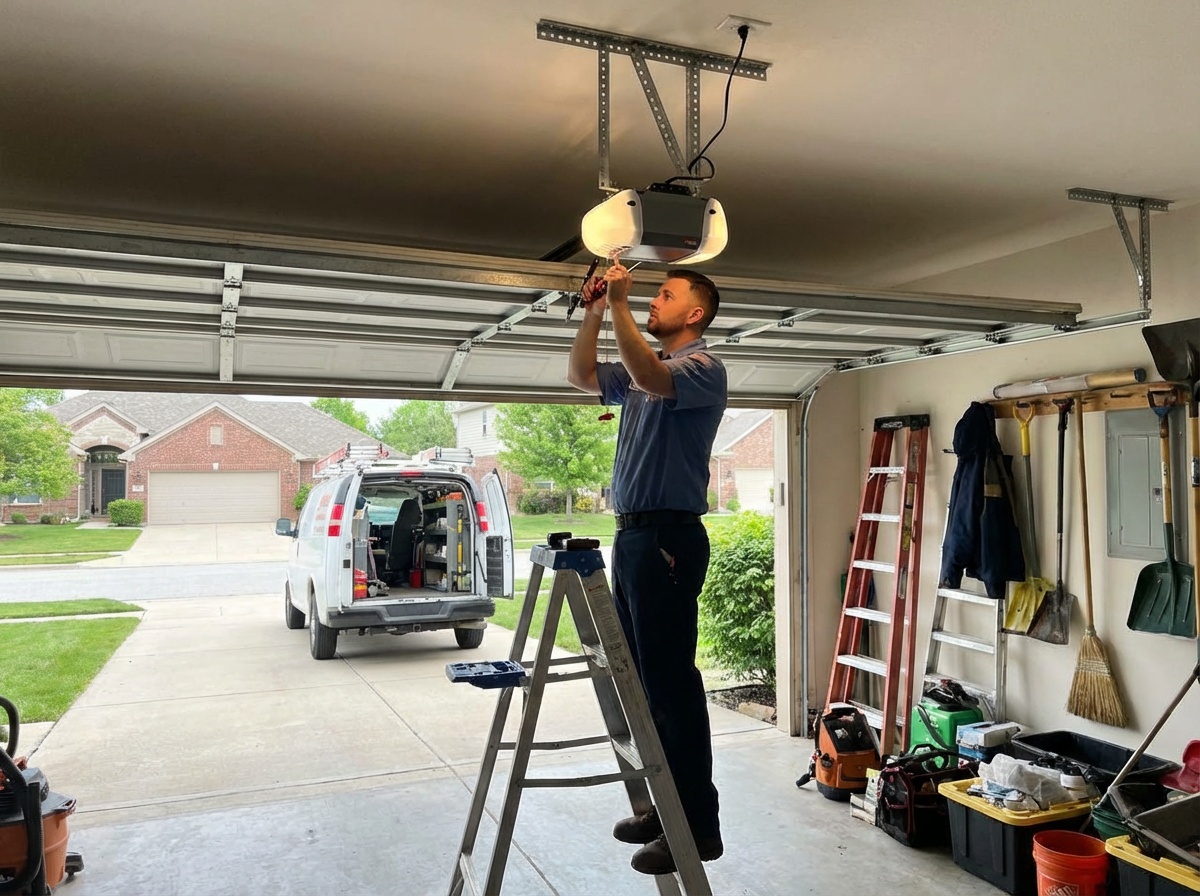 Technician repairing a garage door opener that fails to operate properly