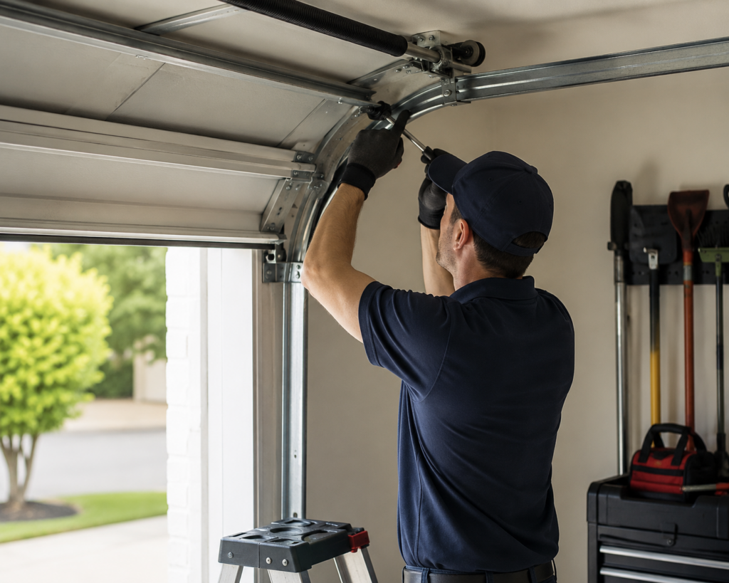 Garage door technician inspecting garage door weather stripping cracking due to weather exposure
