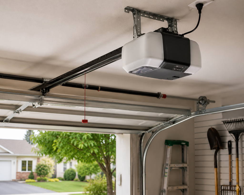 Wall-mount garage door opener installed in a high-ceiling garage to maximize overhead space