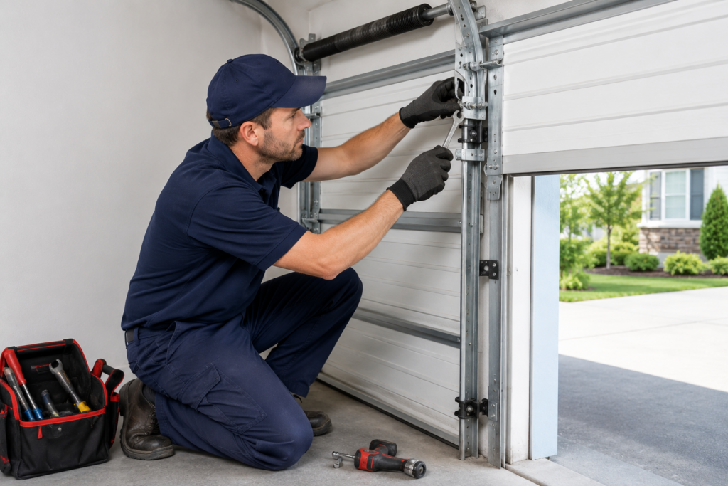 Garage door technician inspecting a garage door track making a grinding noise after a windstorm