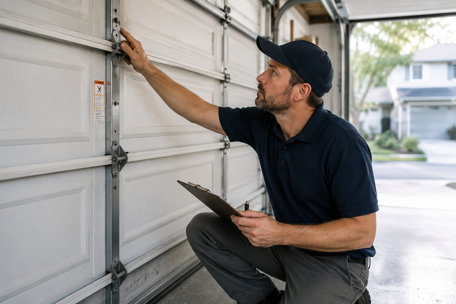 Professional technician performing a garage door inspection before a home sale