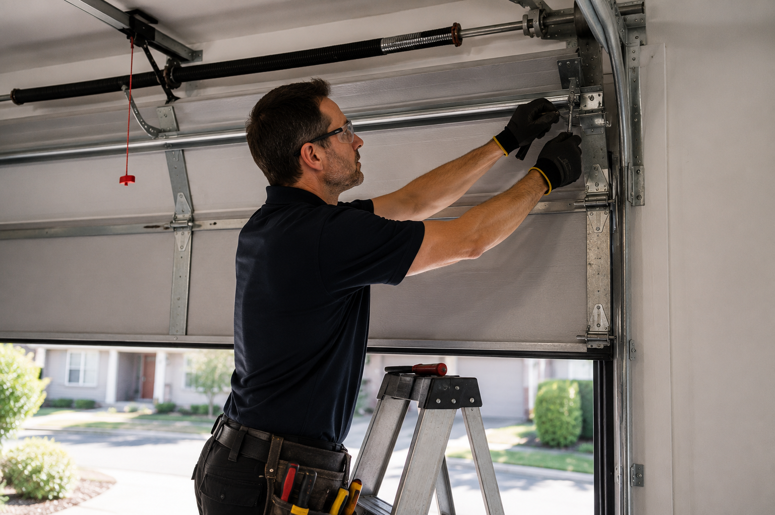 Technician performing garage door maintenance on a coastal home to prevent corrosion from salt air