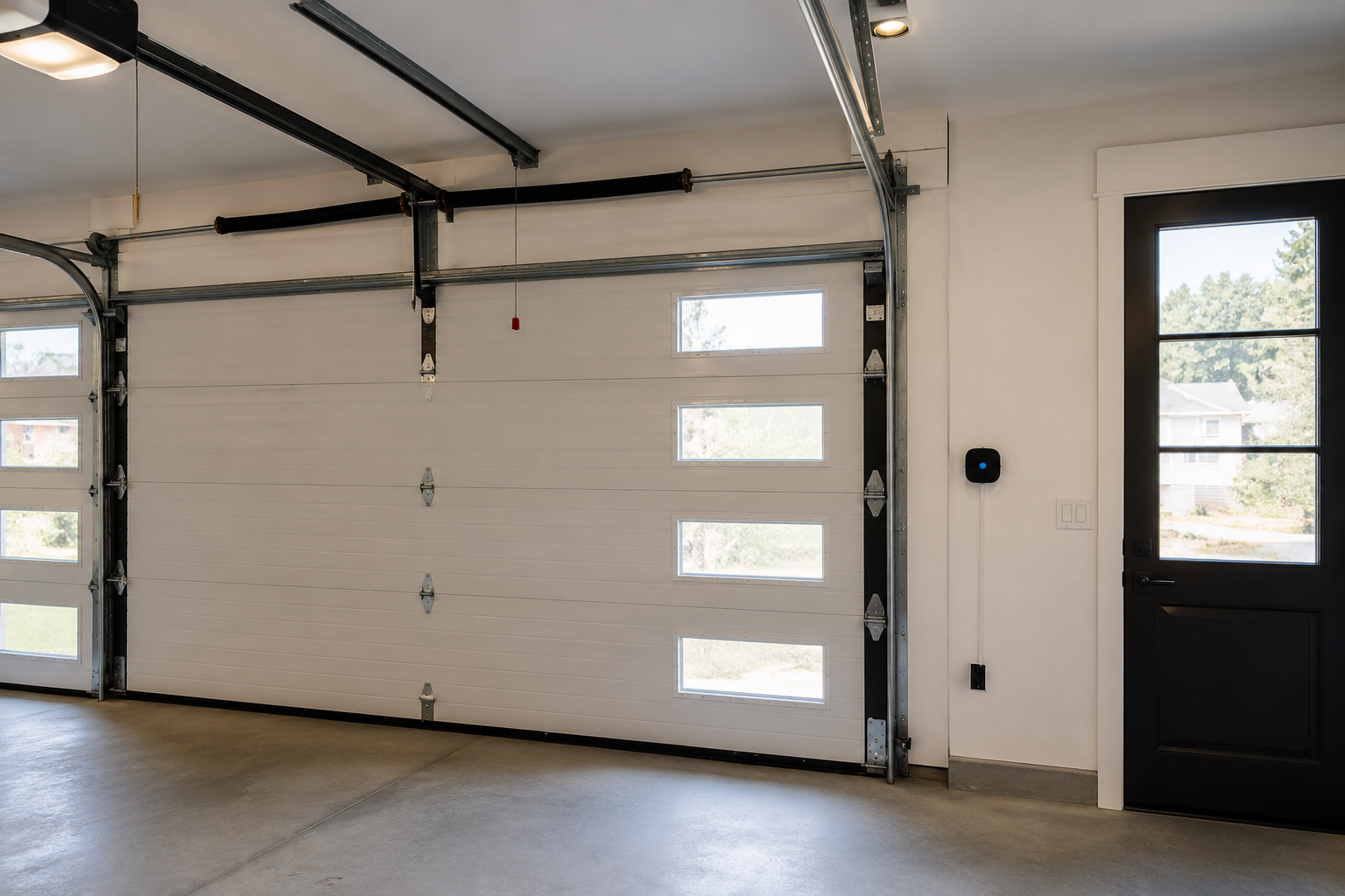 Modern garage door with quiet garage door technology and a low-noise automatic opener