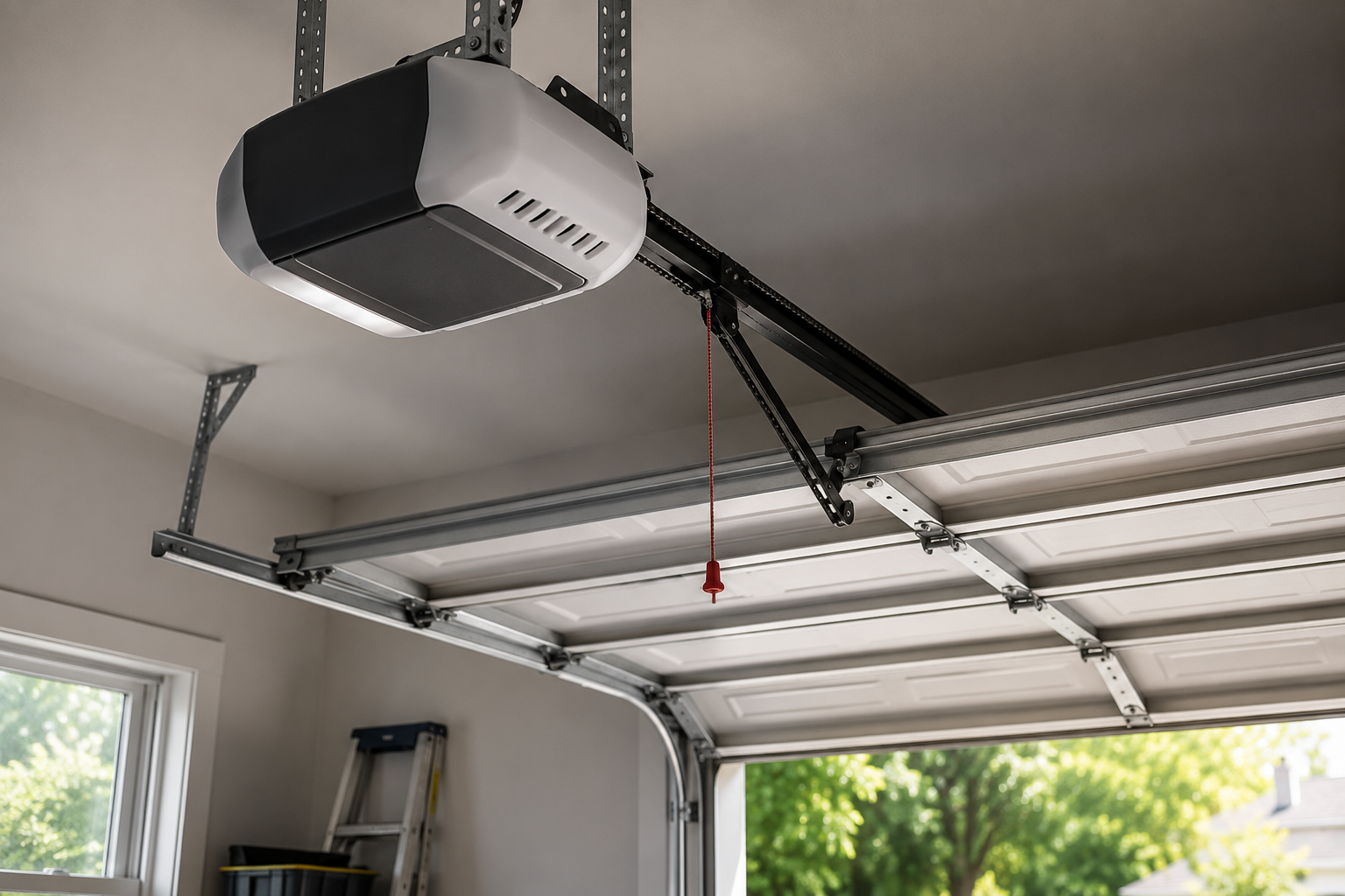 Technician installing a smart garage door opener with smartphone connectivity and home automation features