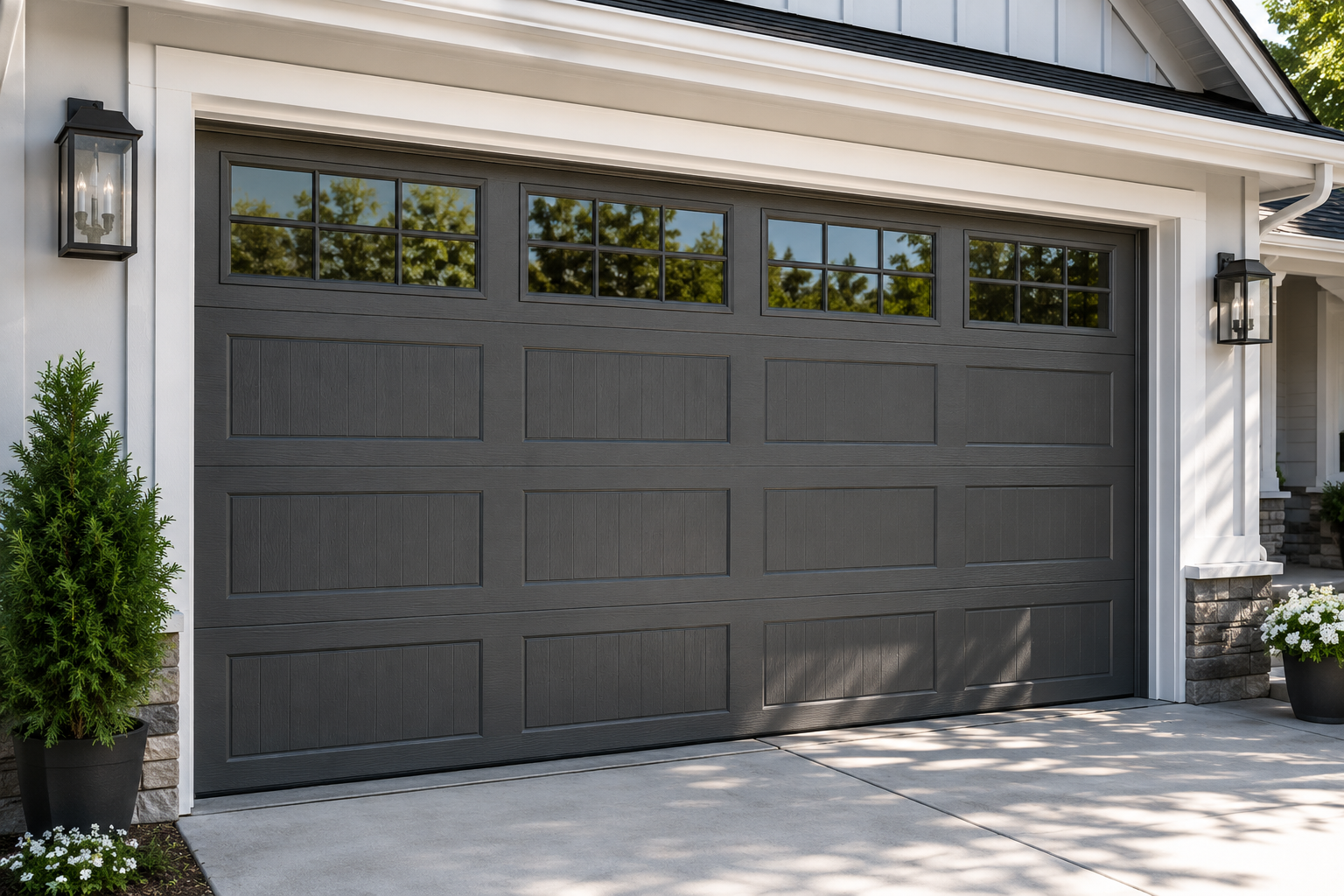 Modern garage door with decorative windows allowing abundant natural light into the garage