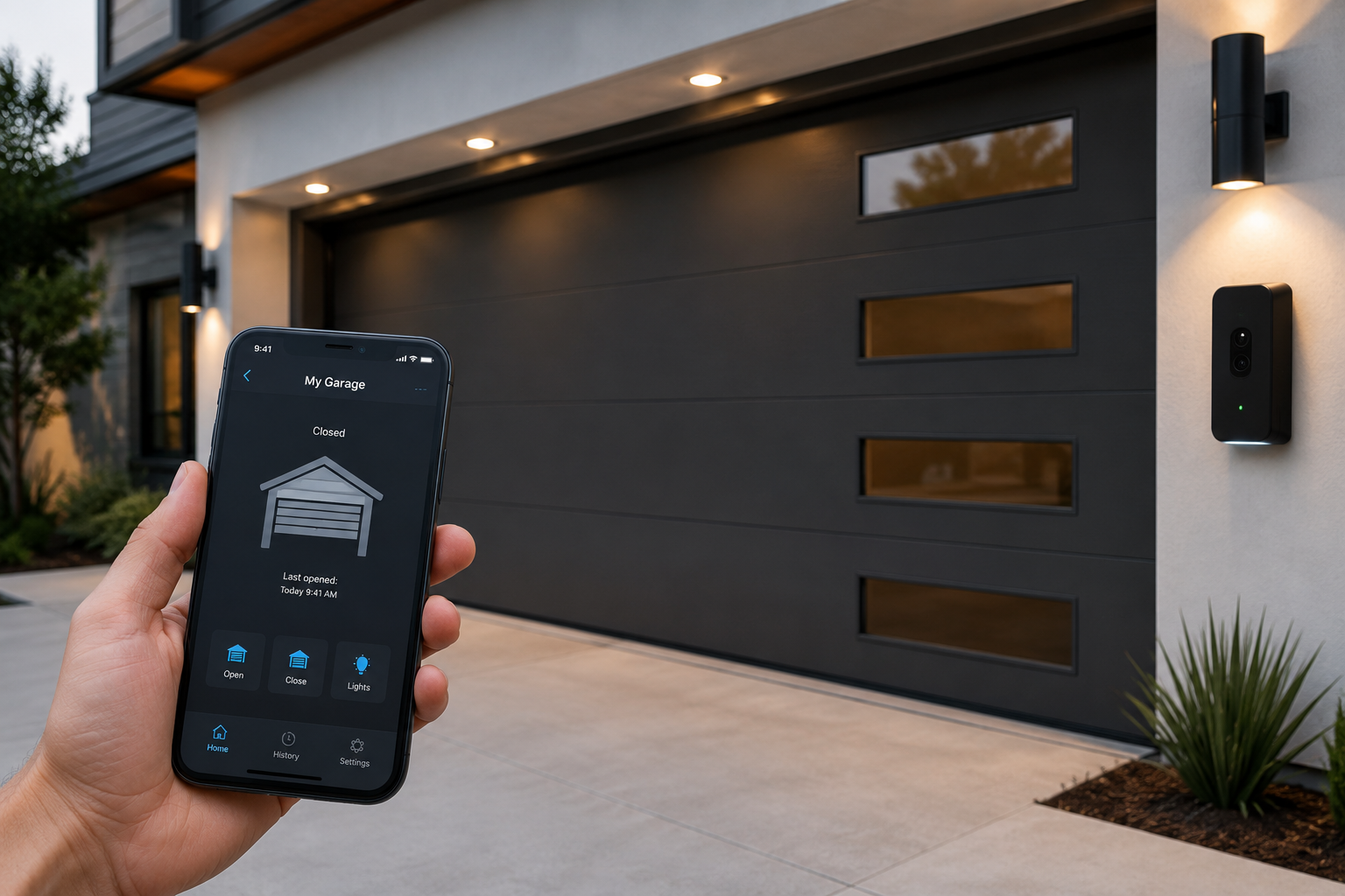 Modern smart garage door with smartphone control installed on an urban home