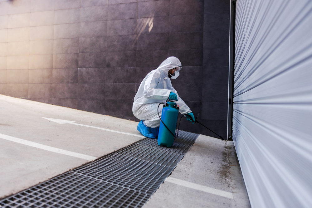 Technician inspecting and sealing a garage door to prevent pests from entering a residential garage